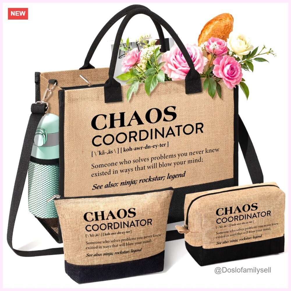 Large Jute Tote Bag with Zipper, Adjustable Strap, and Makeup Bags